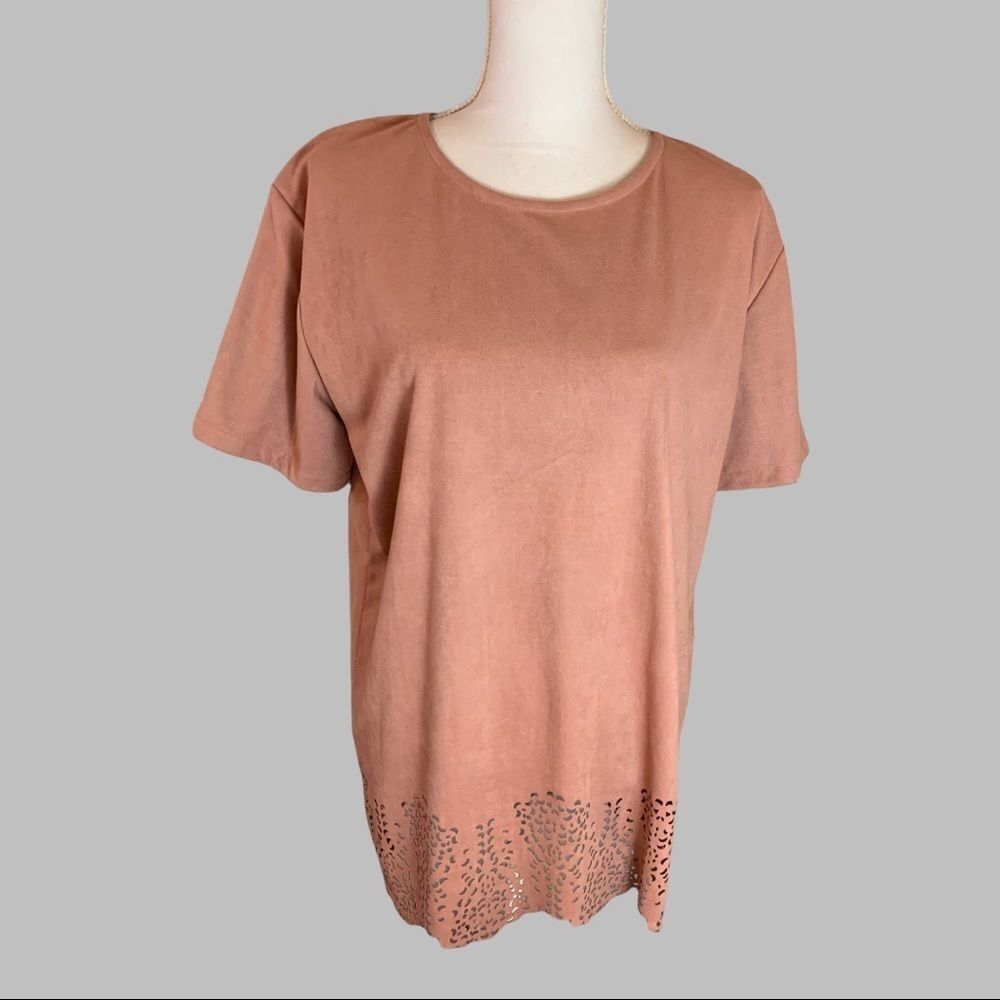 Lucky and Blessed Suede Feel Laser Cut Hem Oversized T-shirt Medium